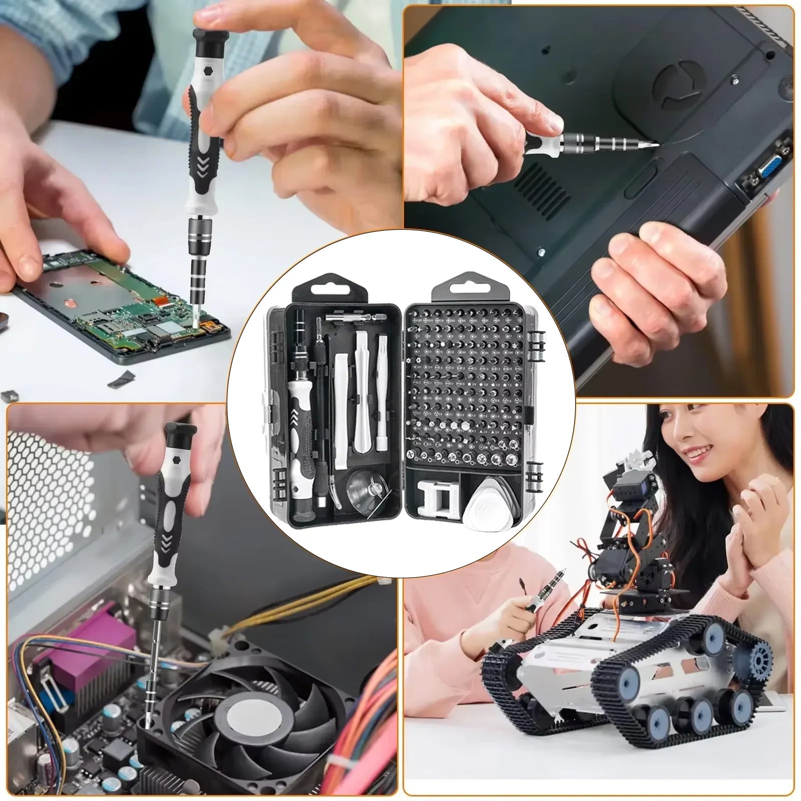 Collage of images featuring the complete 115-in-1 precision screwdriver set featuring 98 specialized bits and various pry tools for electronics repair.