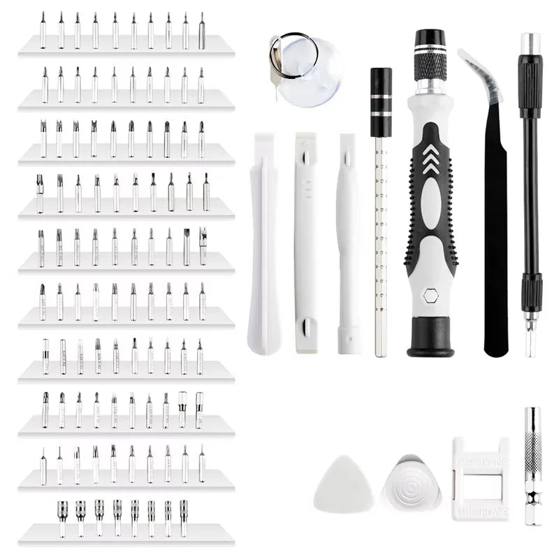 Complete 115-in-1 precision screwdriver set featuring 98 specialized bits and various pry tools for electronics repair.