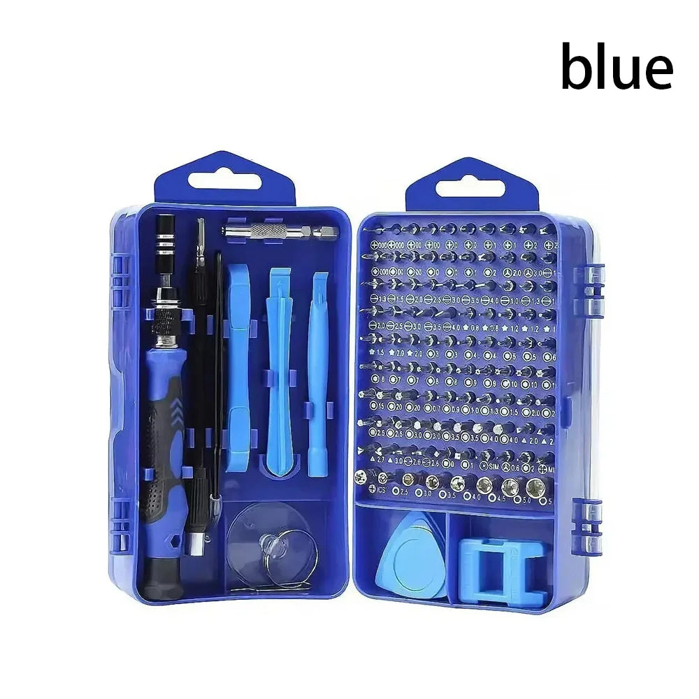 Modern blue 115-in-1 screwdriver set designed for laptop, PC, and MacBook maintenance.