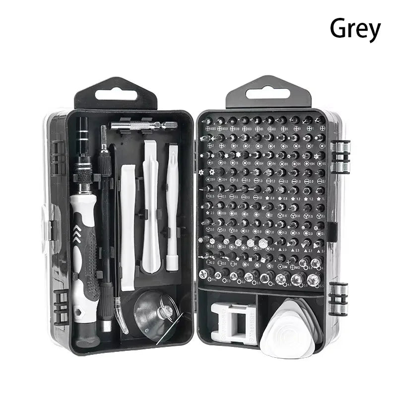 Professional grey precision screwdriver kit with non-slip handle and magnetic chrome-vanadium steel bits.