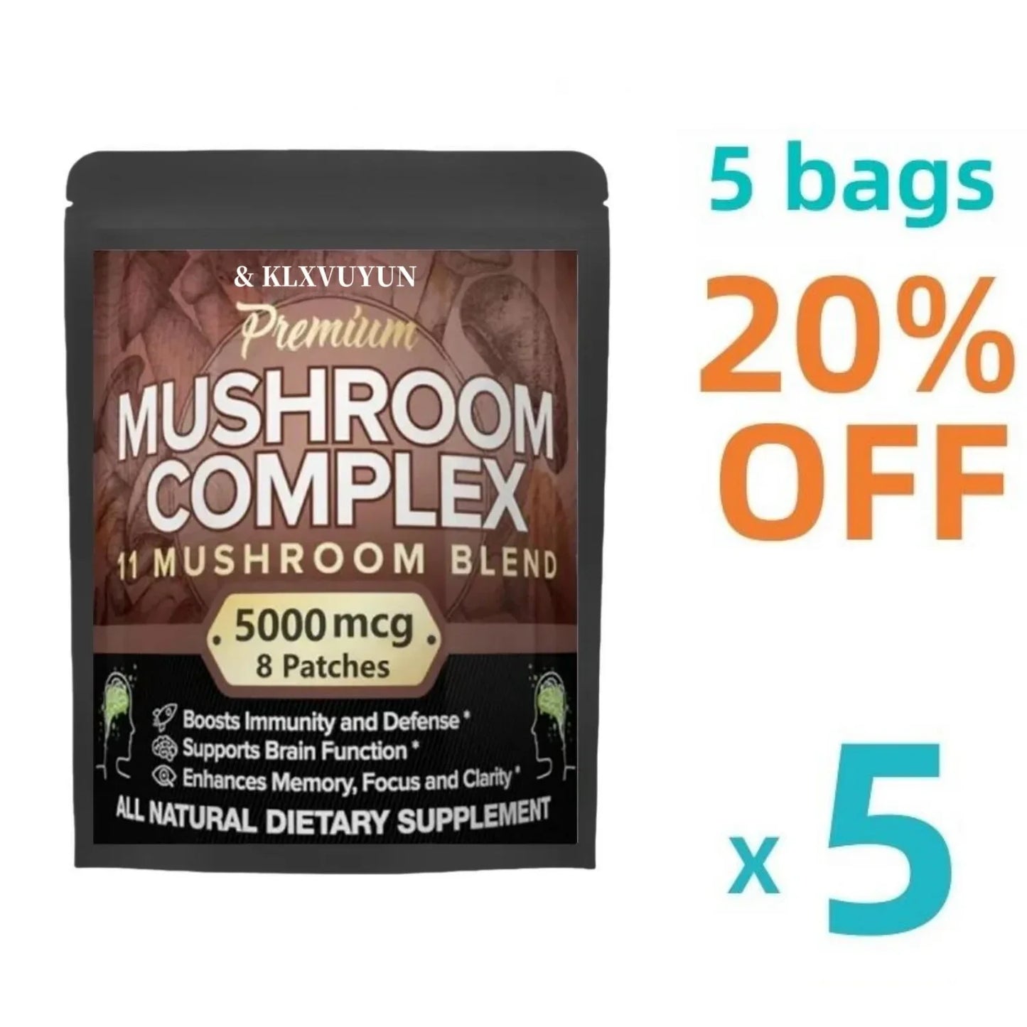 Mushroom complex supplement package with promotional text on a white background
