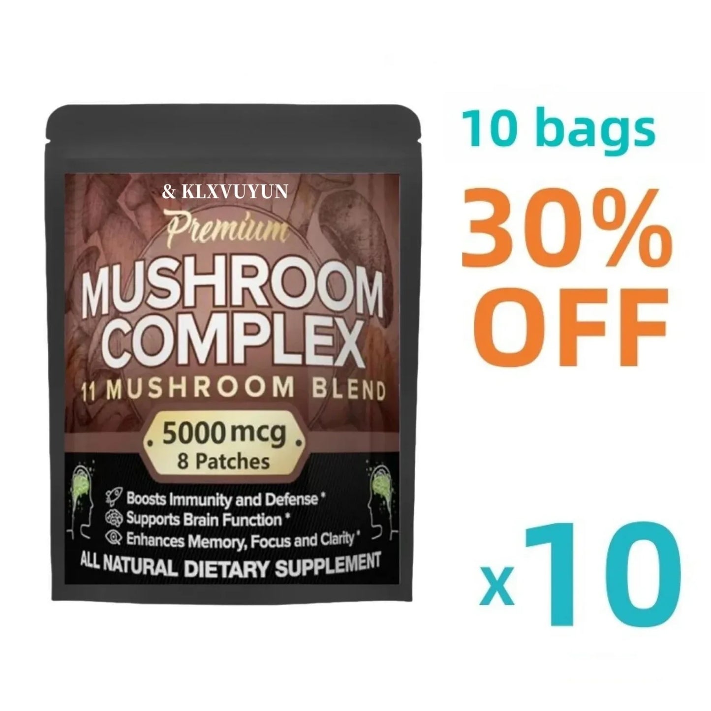 Mushroom complex supplement package with promotional text on a white background