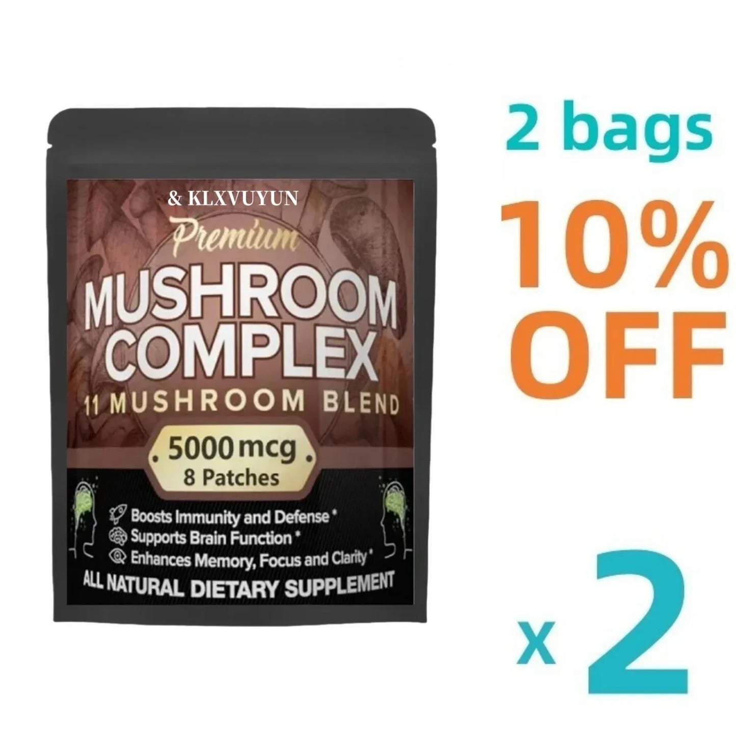 Mushroom complex supplement package with promotional text on a white background