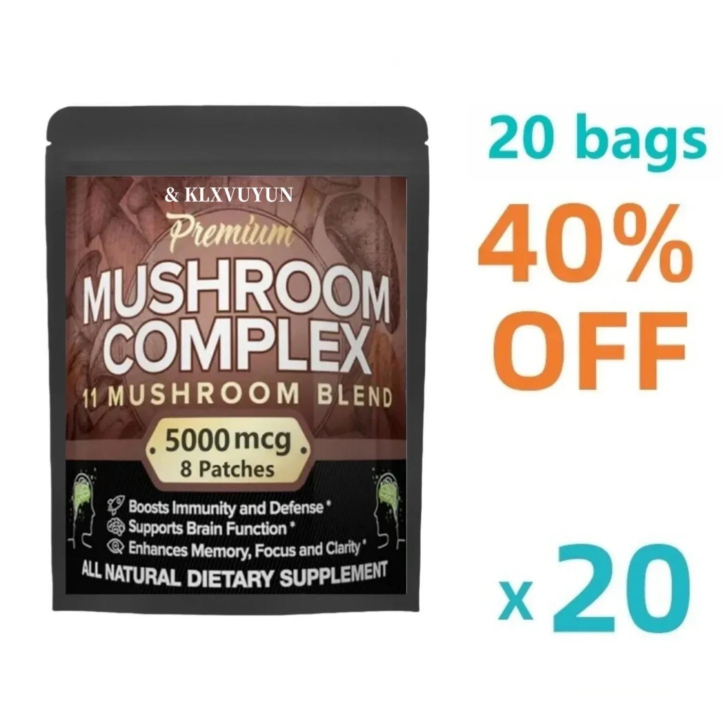 Mushroom complex supplement package with promotional text on a white background