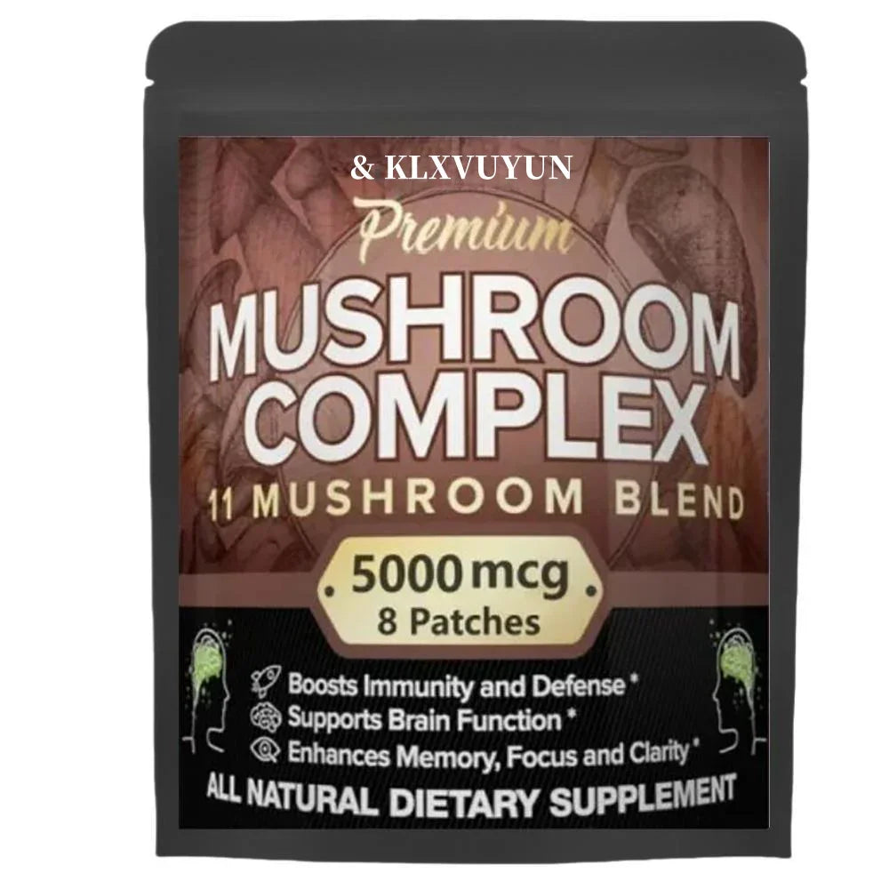 Supplement package labeled 'Mushroom Complex' with branding and product details on a white background.