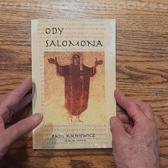 Product walkthrough video of "Ody Salomona": A 360-degree view showing the entire papyrus-style book with spine, back cover, and interior Polish gnostic text, flipping through pages.