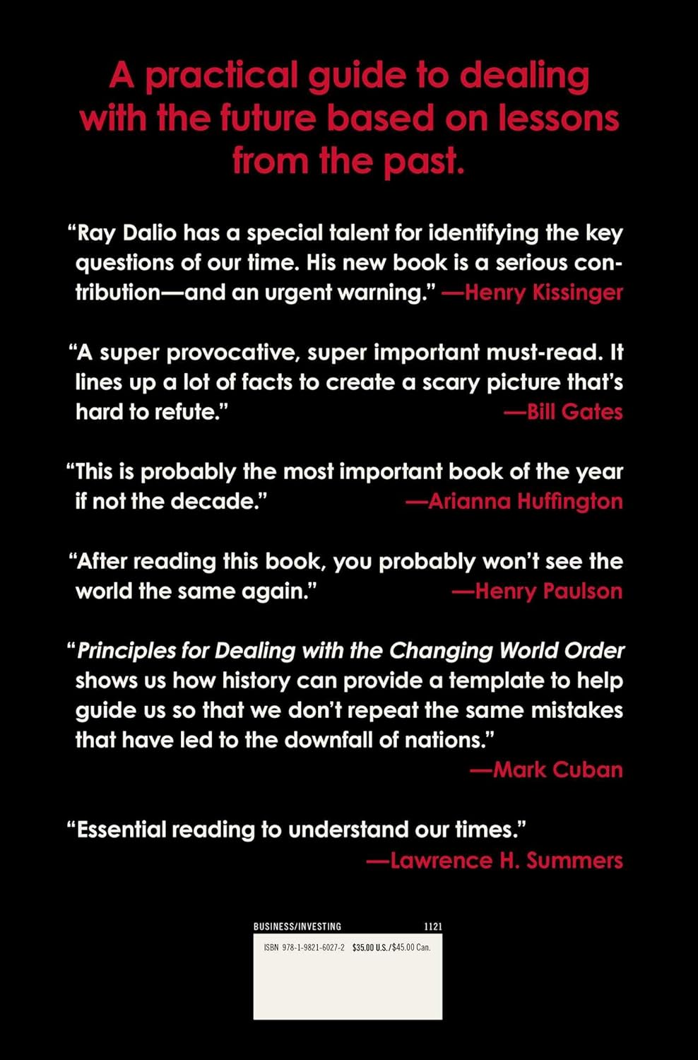 Book back cover with quotes praising Ray Dalio's book on dealing with the future based on past lessons