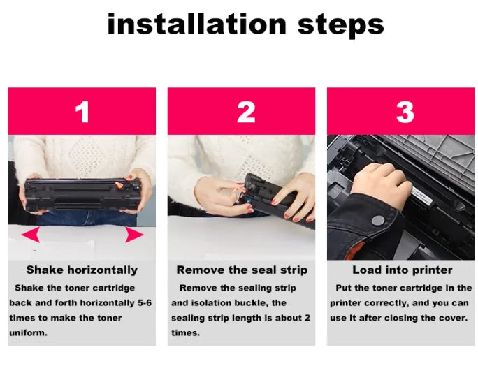 Step-by-step guide on installing a toner cartridge with text instructions.