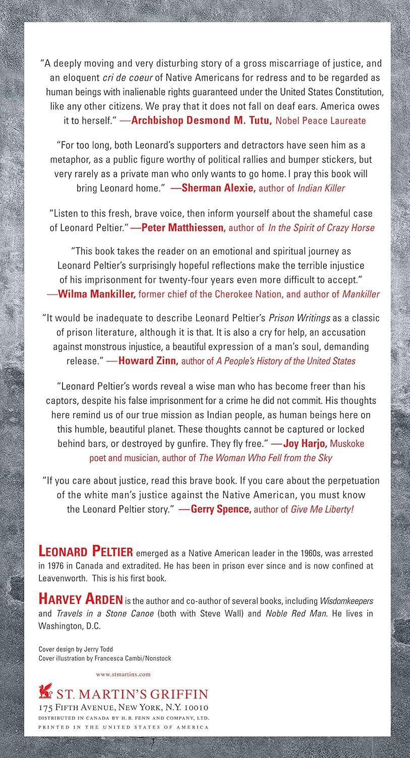 Book back cover of "Prison Writings" by Leonard Peltier featuring book details.