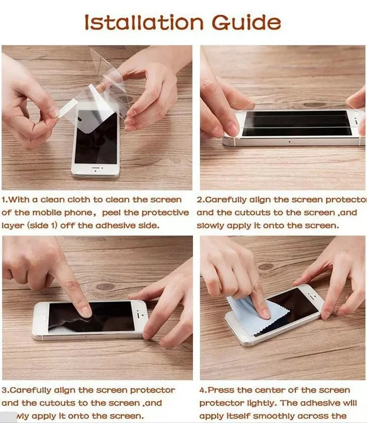 Step-by-step installation guide for a screen protector on a smartphone.