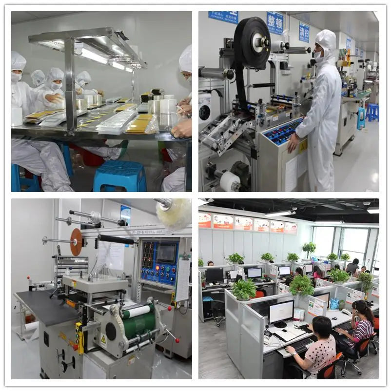 Collage of a factory production line, workers in a lab, and office setting.