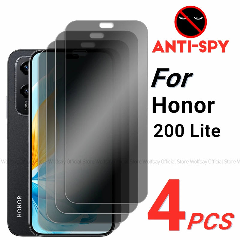 Anti-spy screen protectors for Honor 200 Lite with '4 PCS' text on a white background