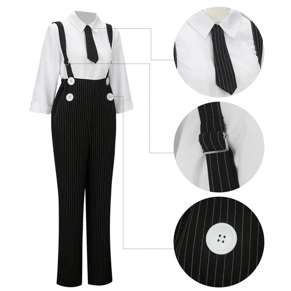 Black pinstripe suspenders with a close-up of buttons and strap details on a white background.