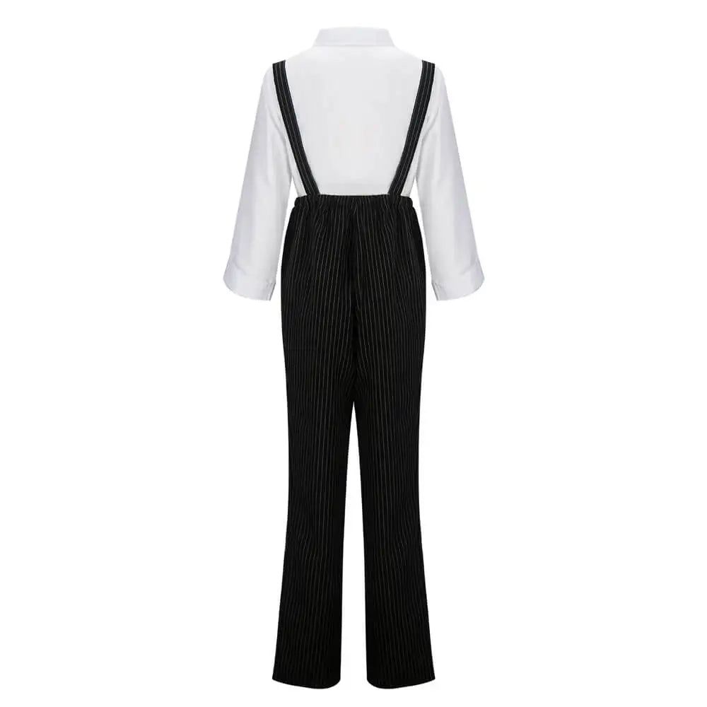 Black pinstripe overalls worn with a white shirt on a white background