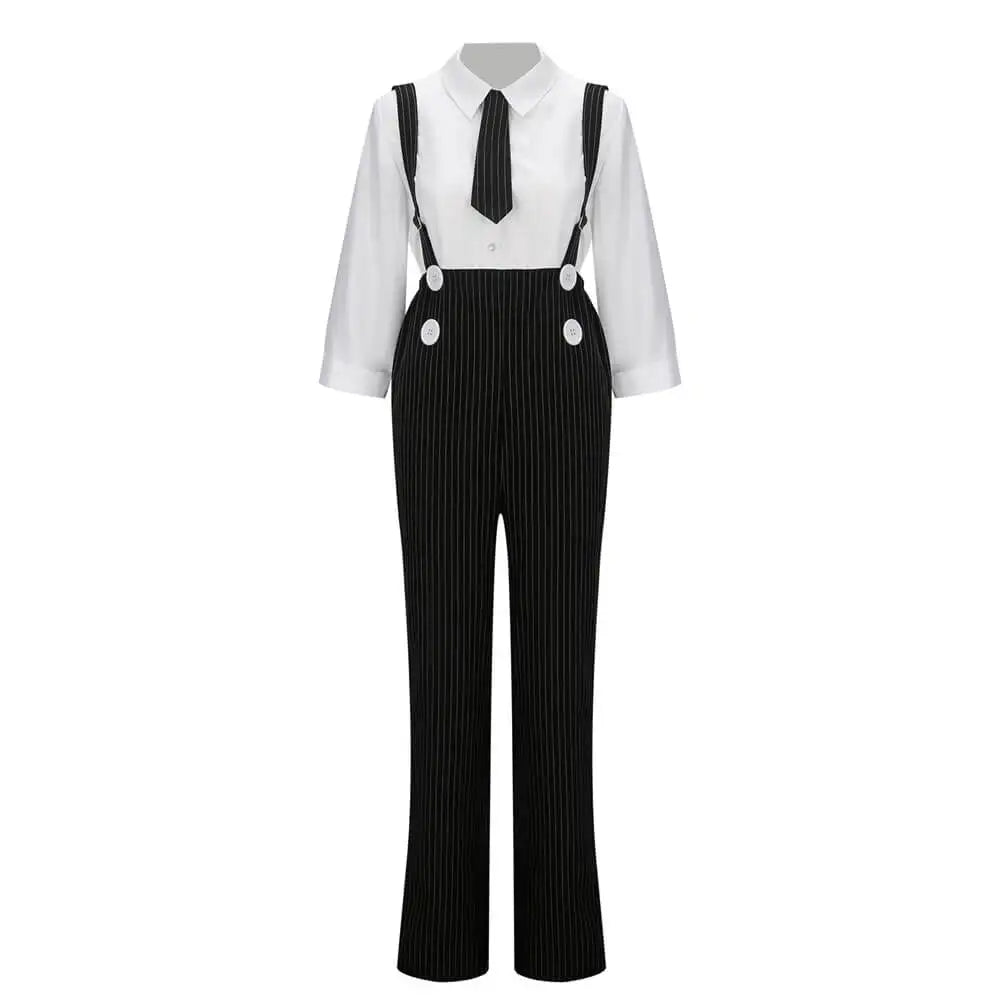 Black pinstripe overalls with suspenders worn over a white shirt on a white background