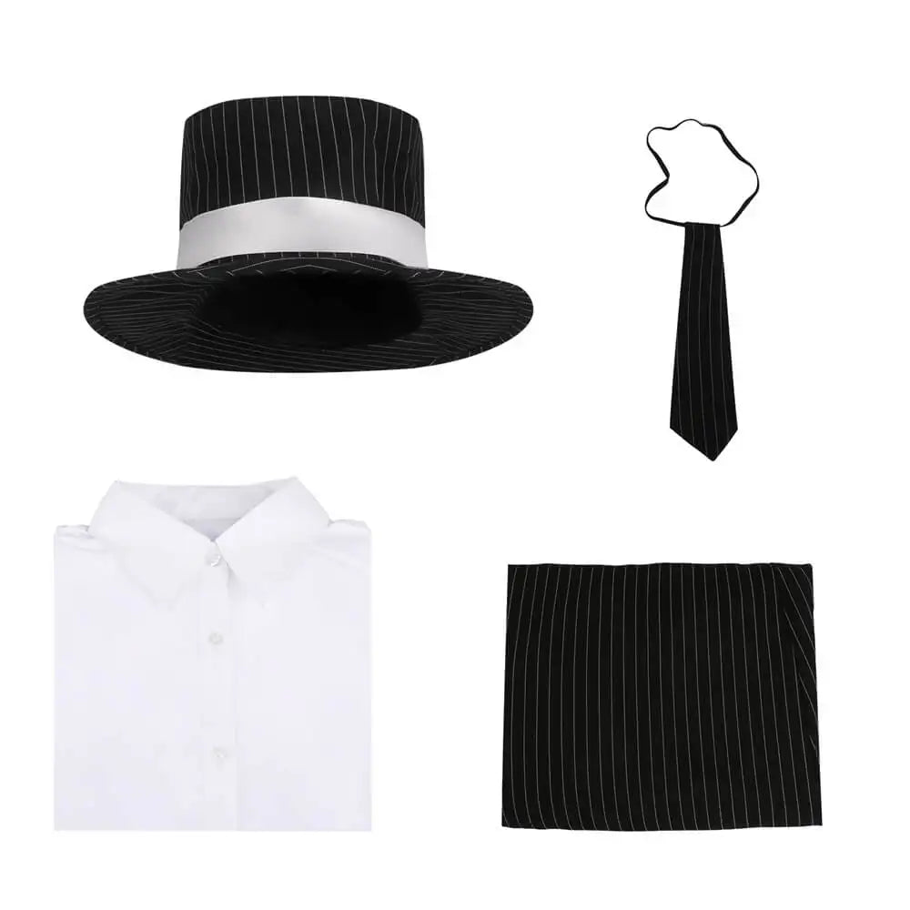 Set of black and white dress shirt, black hat, black tie, and black pocket square on a white background