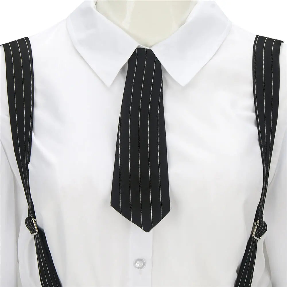 White shirt with black pinstripe tie 1920's mobster suit and suspenders on a cosplay model