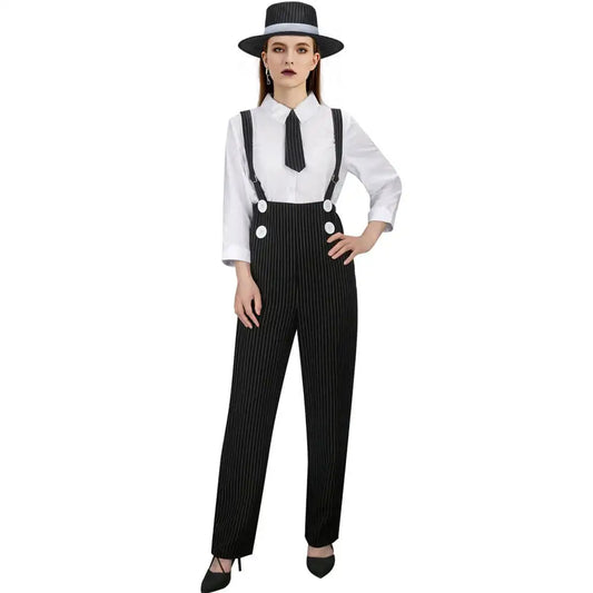 Woman cosplay mobster wearing a black and white pinstripe suit outfit outfit with suspenders and a hat. Solid white background.