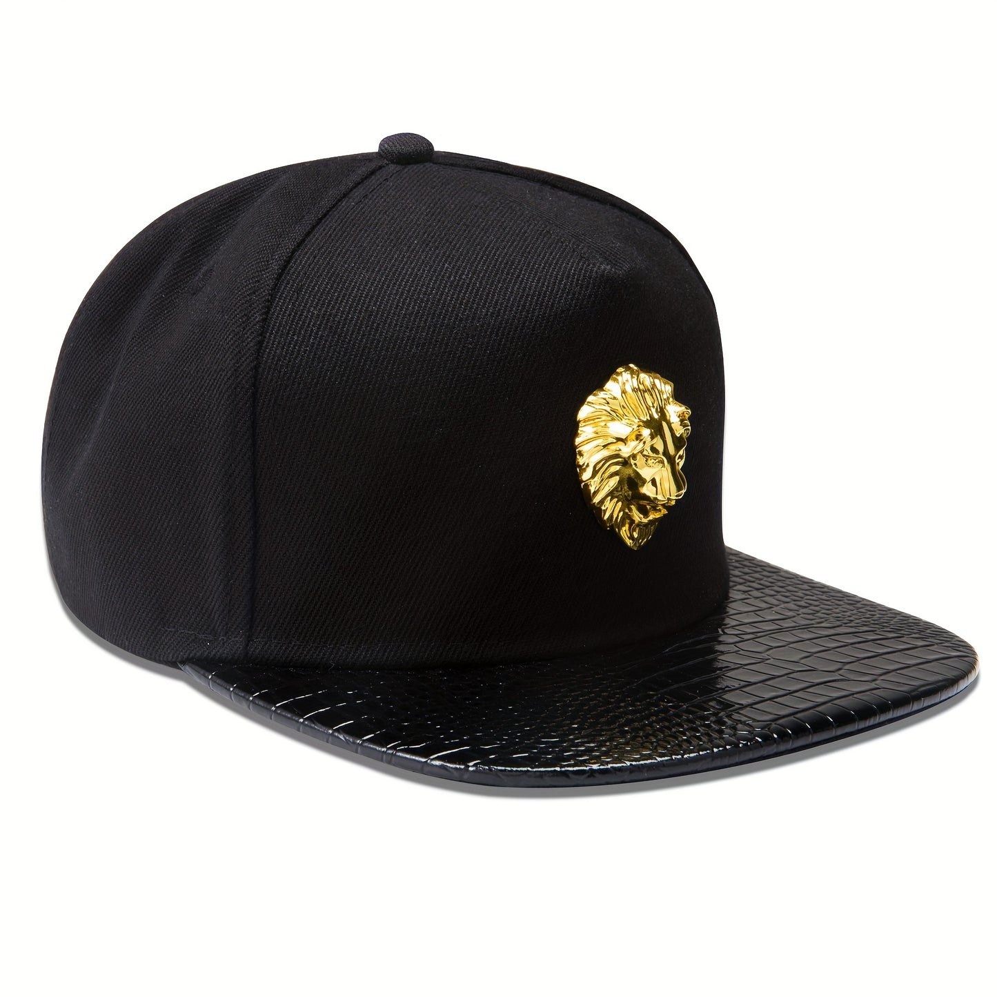 Right angle view of 'Proud Golden Lion Snapback | Noble Pride Fashion Designs Hat Gold Bust Cap' black option.