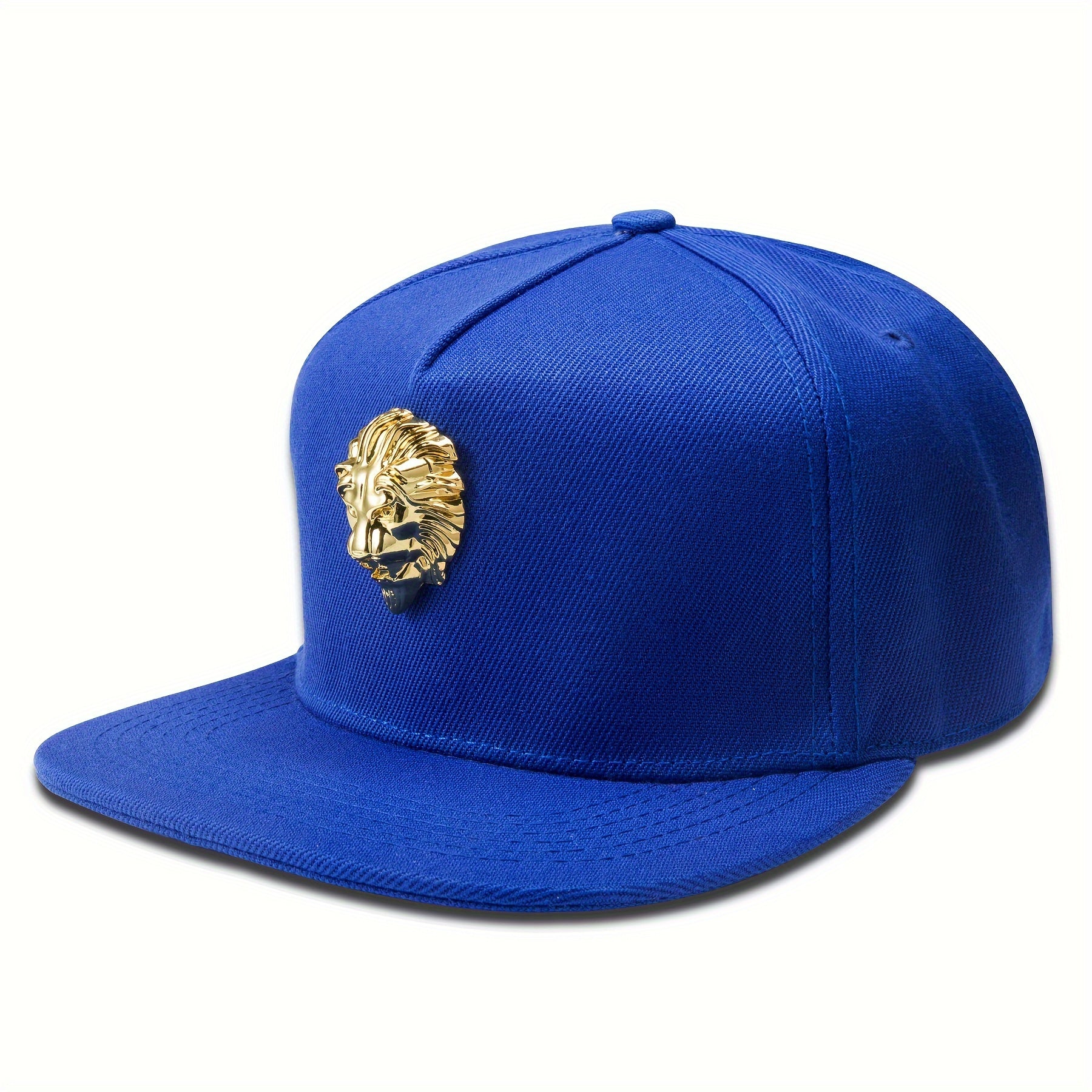 Left angle view of 'Proud Golden Lion Snapback | Noble Pride Fashion Designs Hat Gold Bust Cap' blue option.