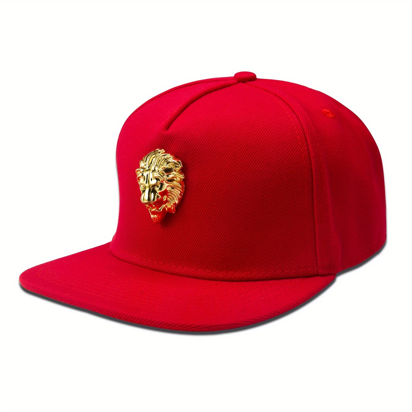 Left angle view of 'Proud Golden Lion Snapback | Noble Pride Fashion Designs Hat Gold Bust Cap' red option.