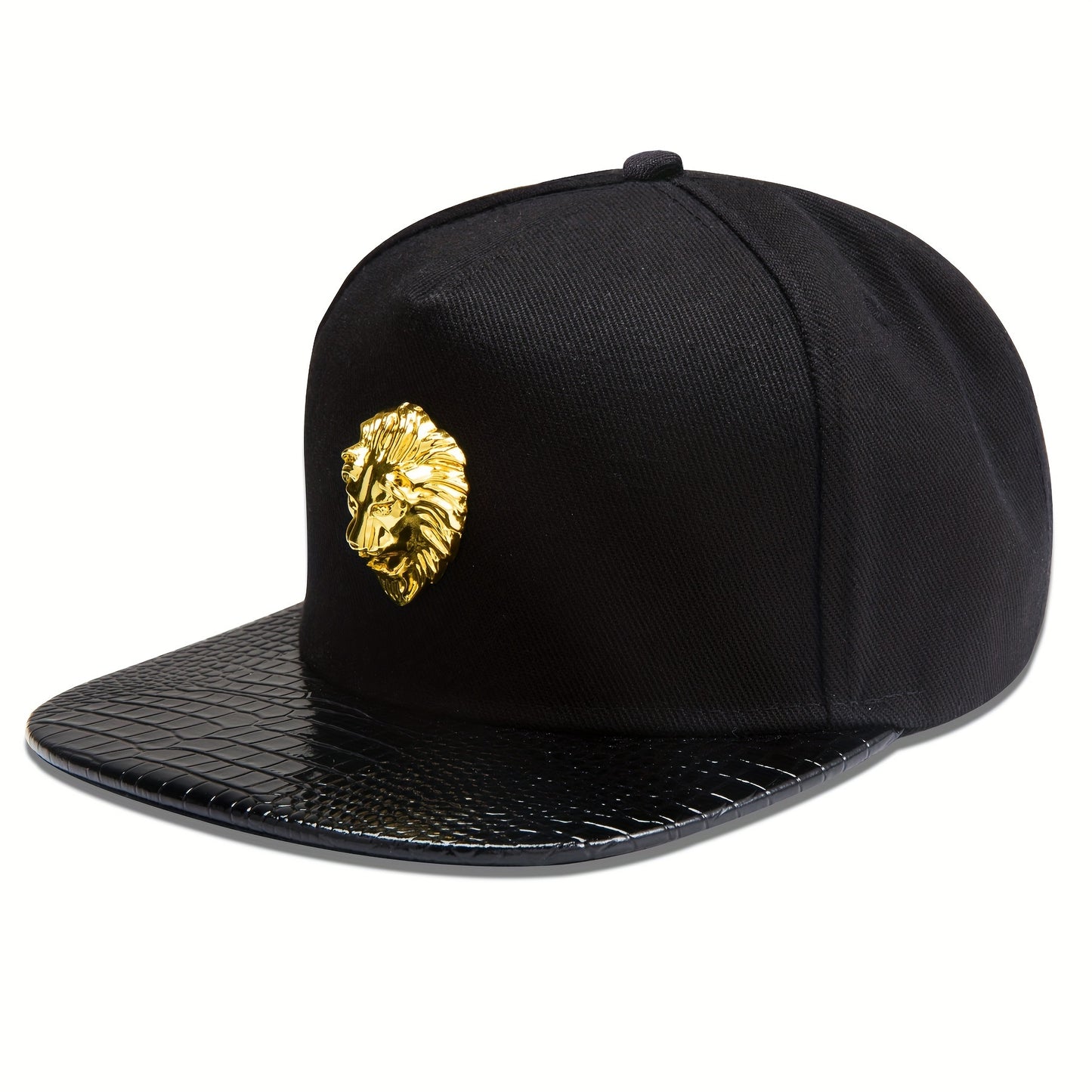 Left angle view of 'Proud Golden Lion Snapback | Noble Pride Fashion Designs Hat Gold Bust Cap' black option.