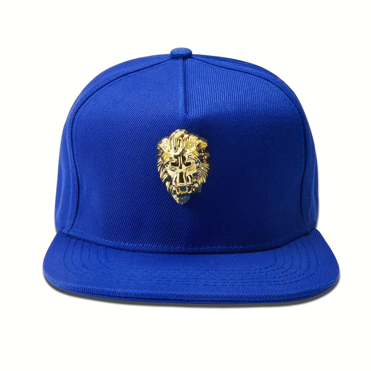 Front center view of 'Proud Golden Lion Snapback | Noble Pride Fashion Designs Hat Gold Bust Cap' blue option.