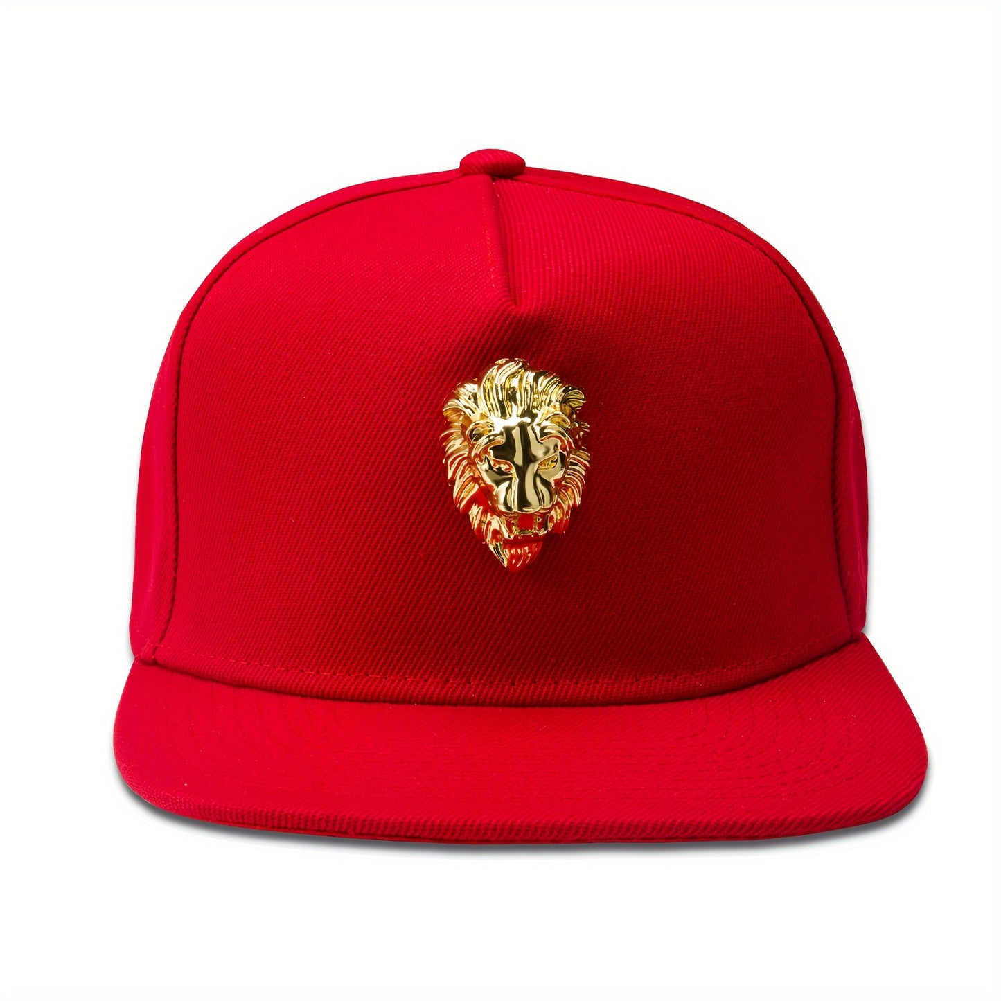 Front view of 'Proud Golden Lion Snapback | Noble Pride Fashion Designs Hat Gold Bust Cap' red option.