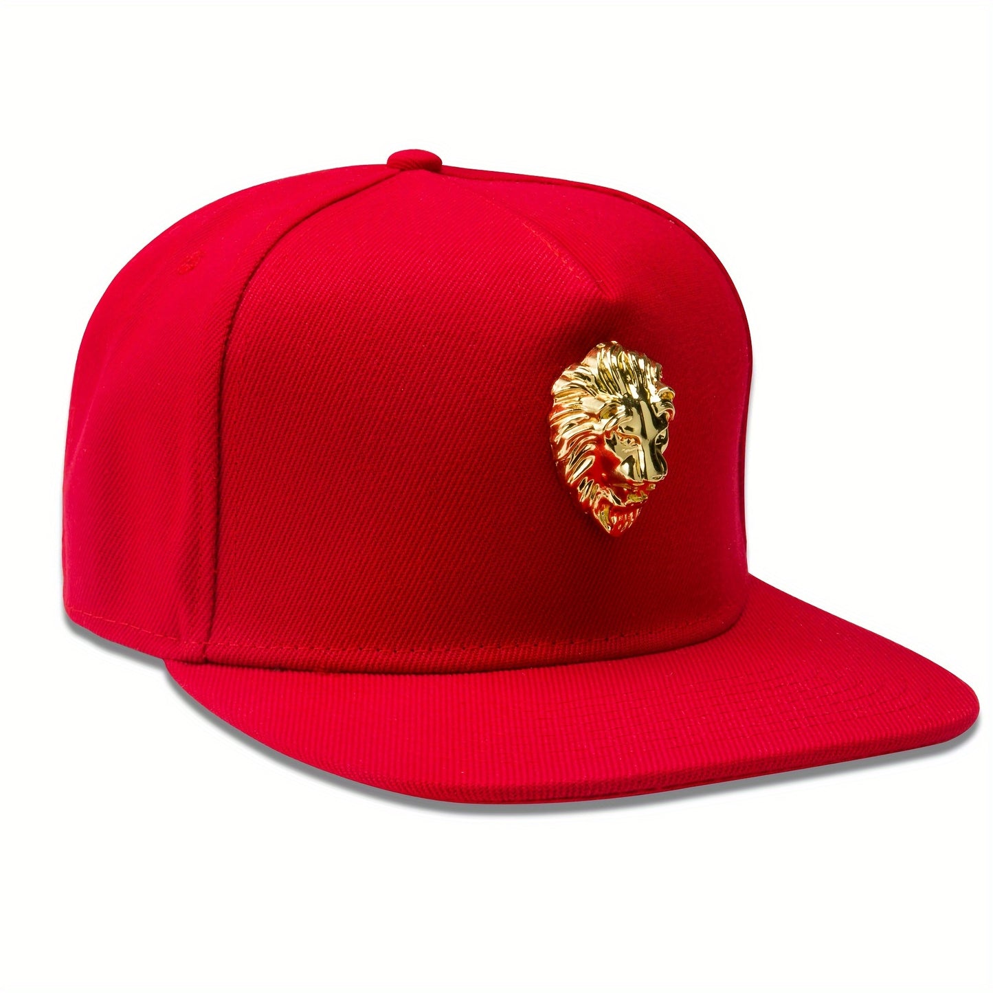 Right angle view of 'Proud Golden Lion Snapback | Noble Pride Fashion Designs Hat Gold Bust Cap' red option.
