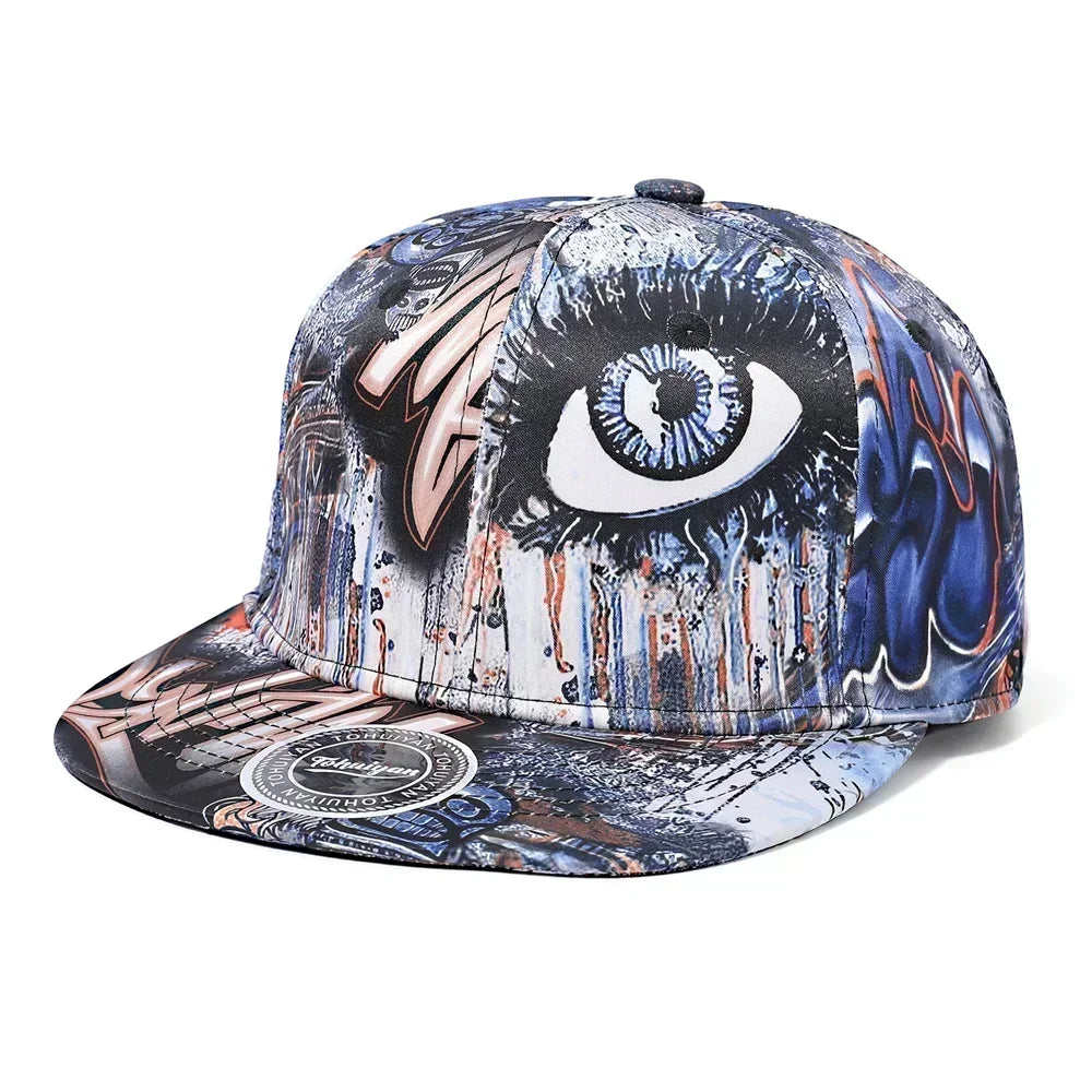 Colorful cap with eye design and abstract patterns on a white background