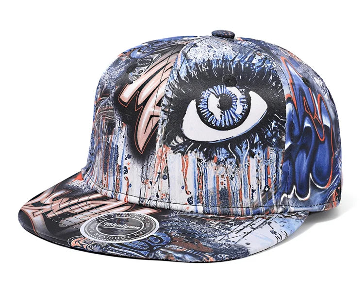 Colorful cap with eye design and abstract patterns on a white background
