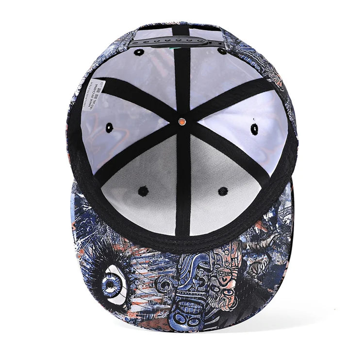 Cap with colorful pattern on brim and black interior on white background