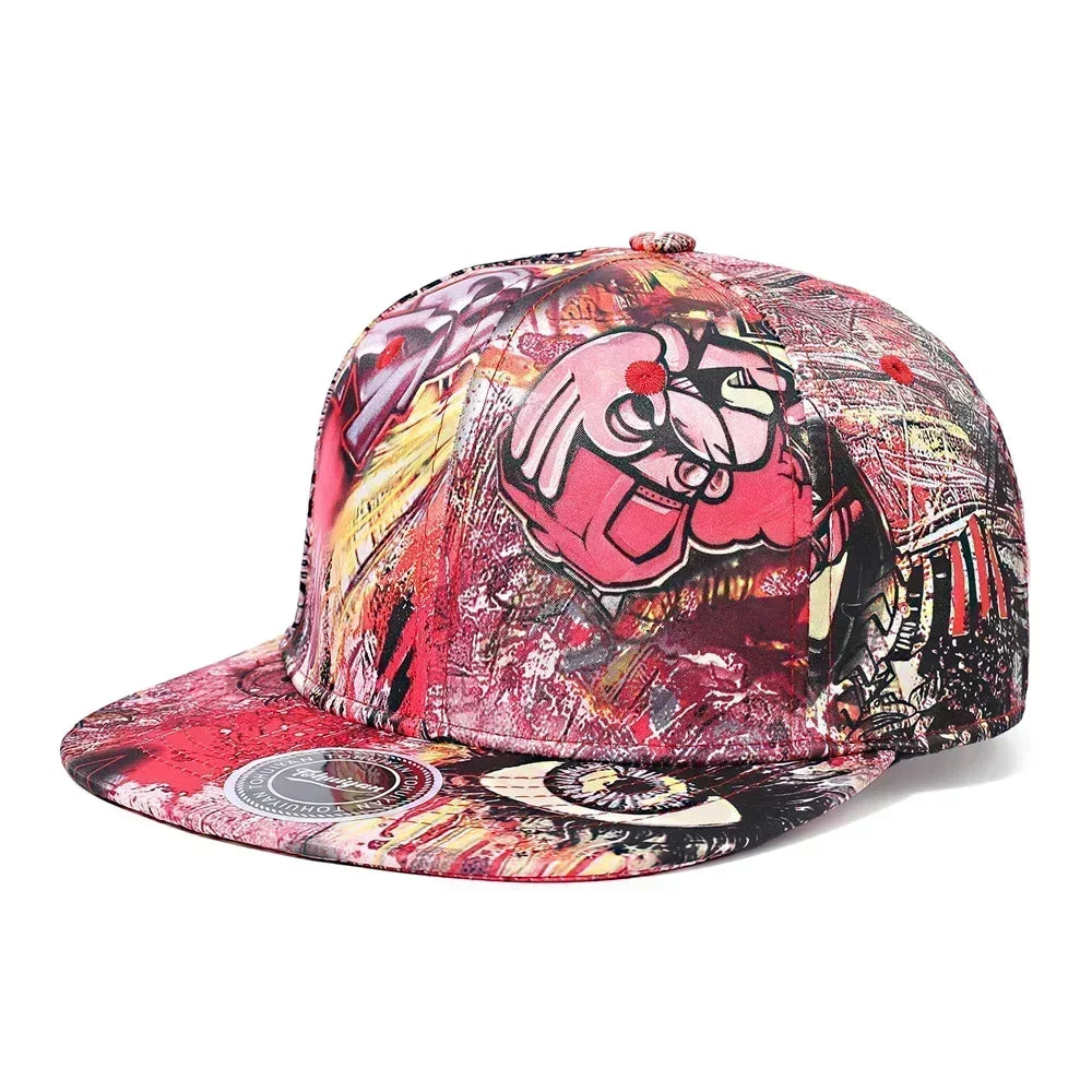 Colorful graffiti-style cap with a prominent design on a white background
