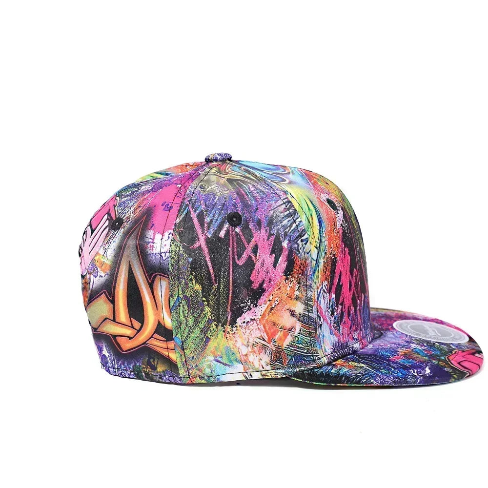 Multicolored graffiti-style cap on a white background