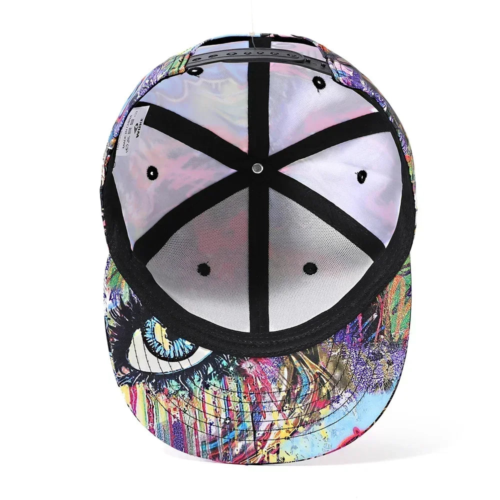 Colorful cap with a black mesh interior lining on a white background