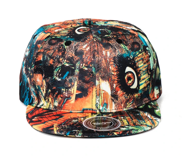 Colorful abstract-patterned cap with a brand logo on a white background