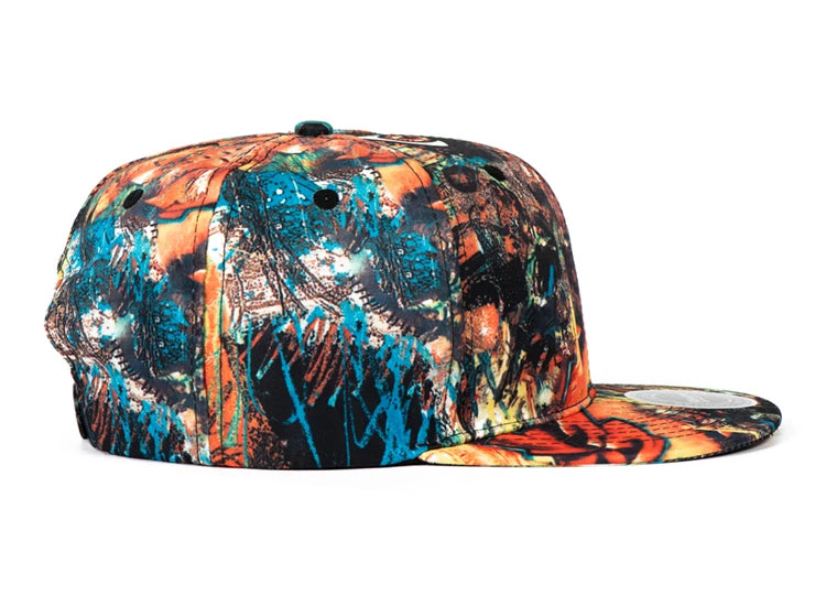 Colorful abstract-patterned cap on a white background
