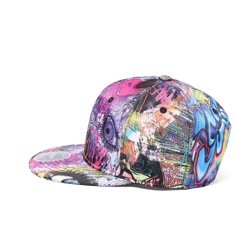 Multicolored graffiti-style cap on a white background
