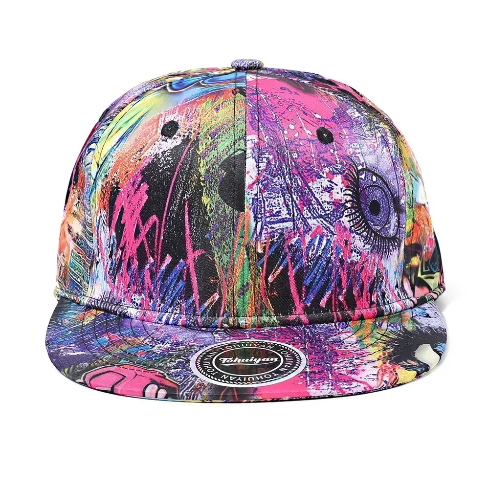 Colorful abstract-patterned cap with a brand logo on a white background