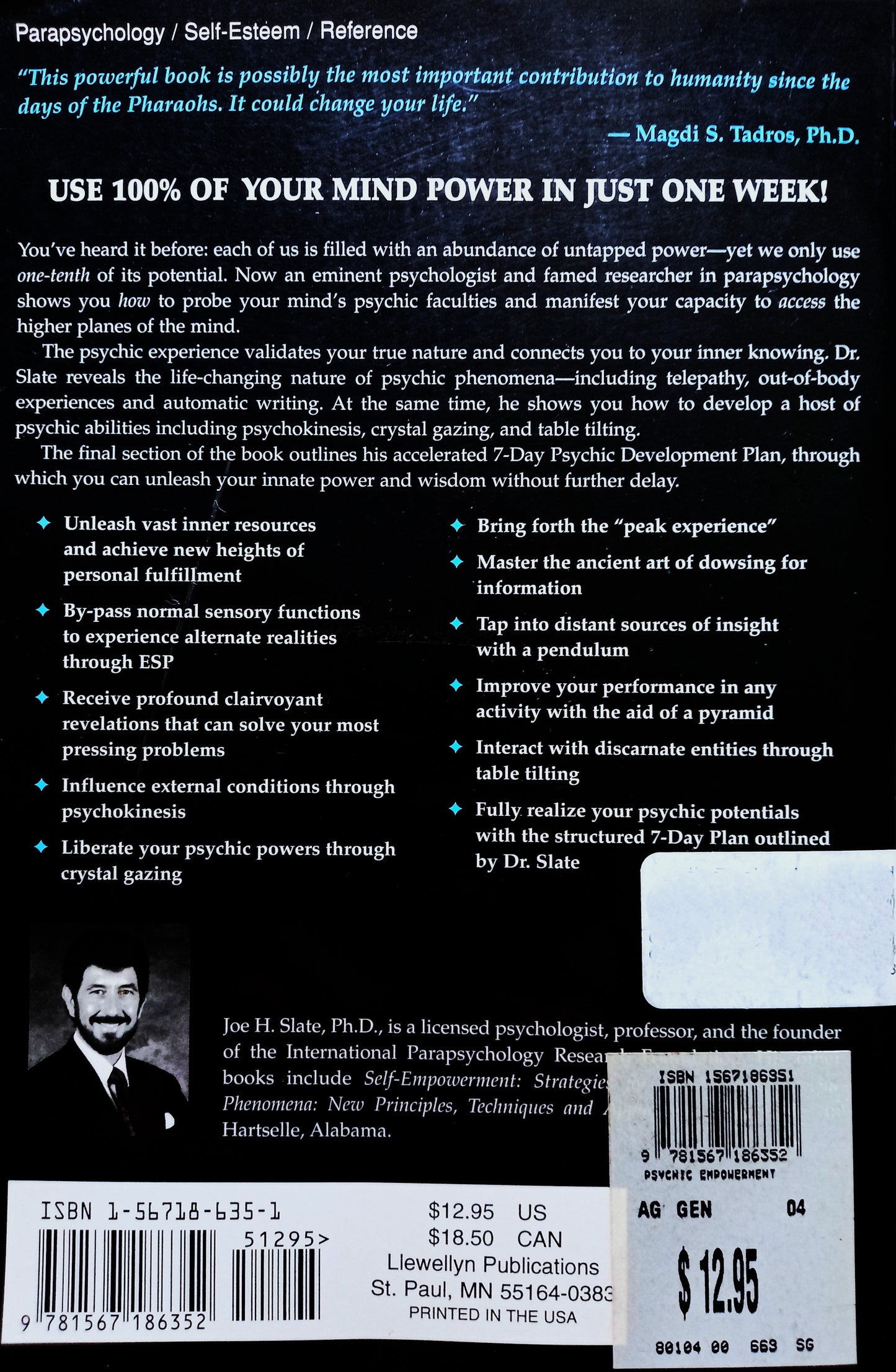 Back cover of book "Psychic Empowerment" with text and a barcode