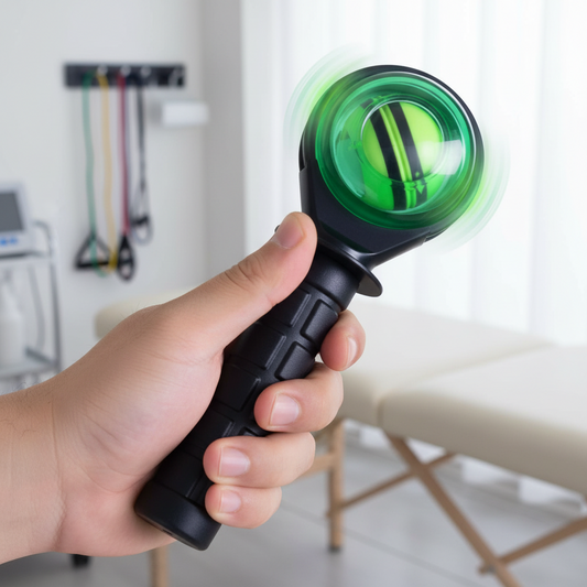 A hand holding a black gyroball wrist trainer with a green circular gyro sphere, shown in a bright indoor PT room with a treatment table in the background.