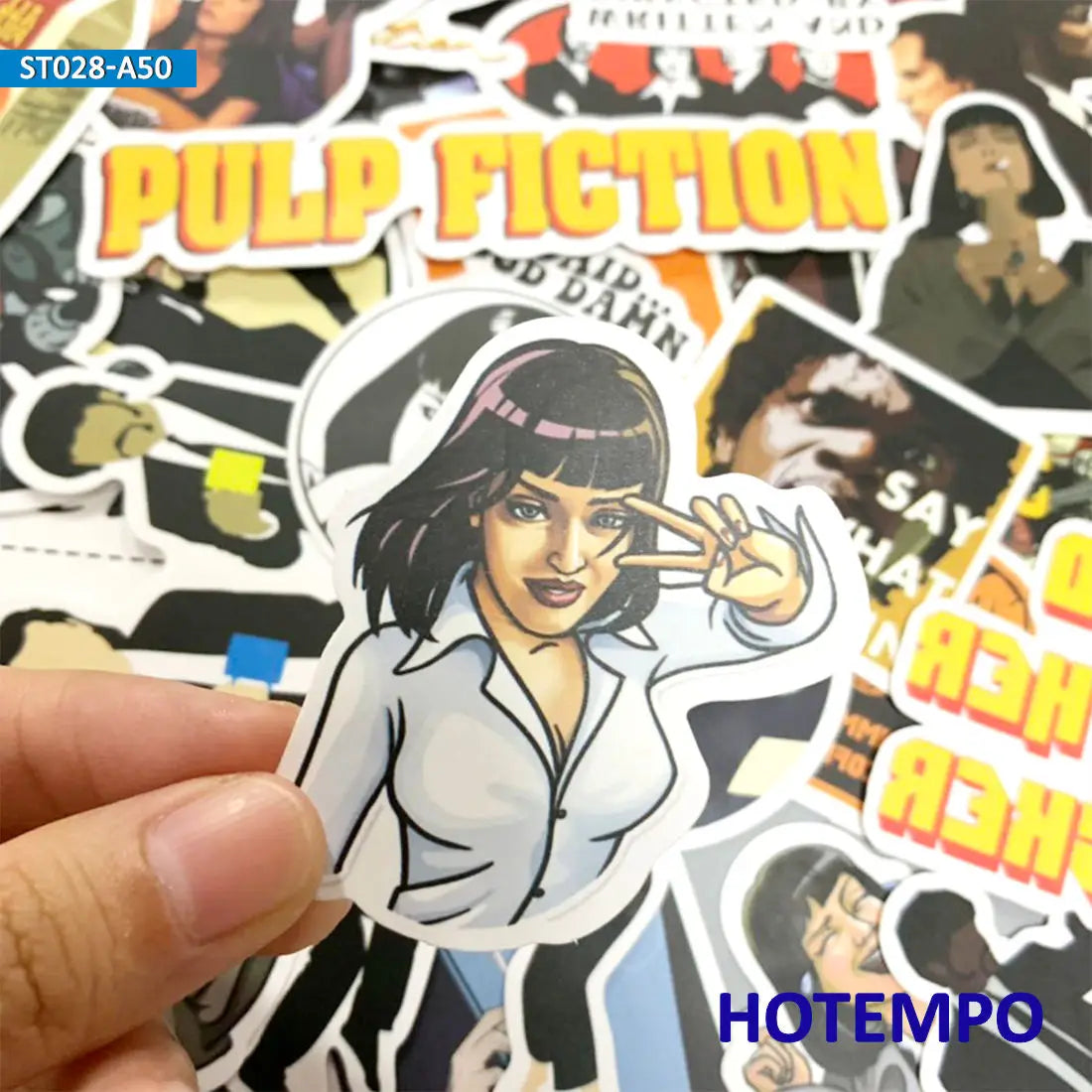 Sticker of a woman with a peace sign held over a background of 'Pulp Fiction' themed stickers.