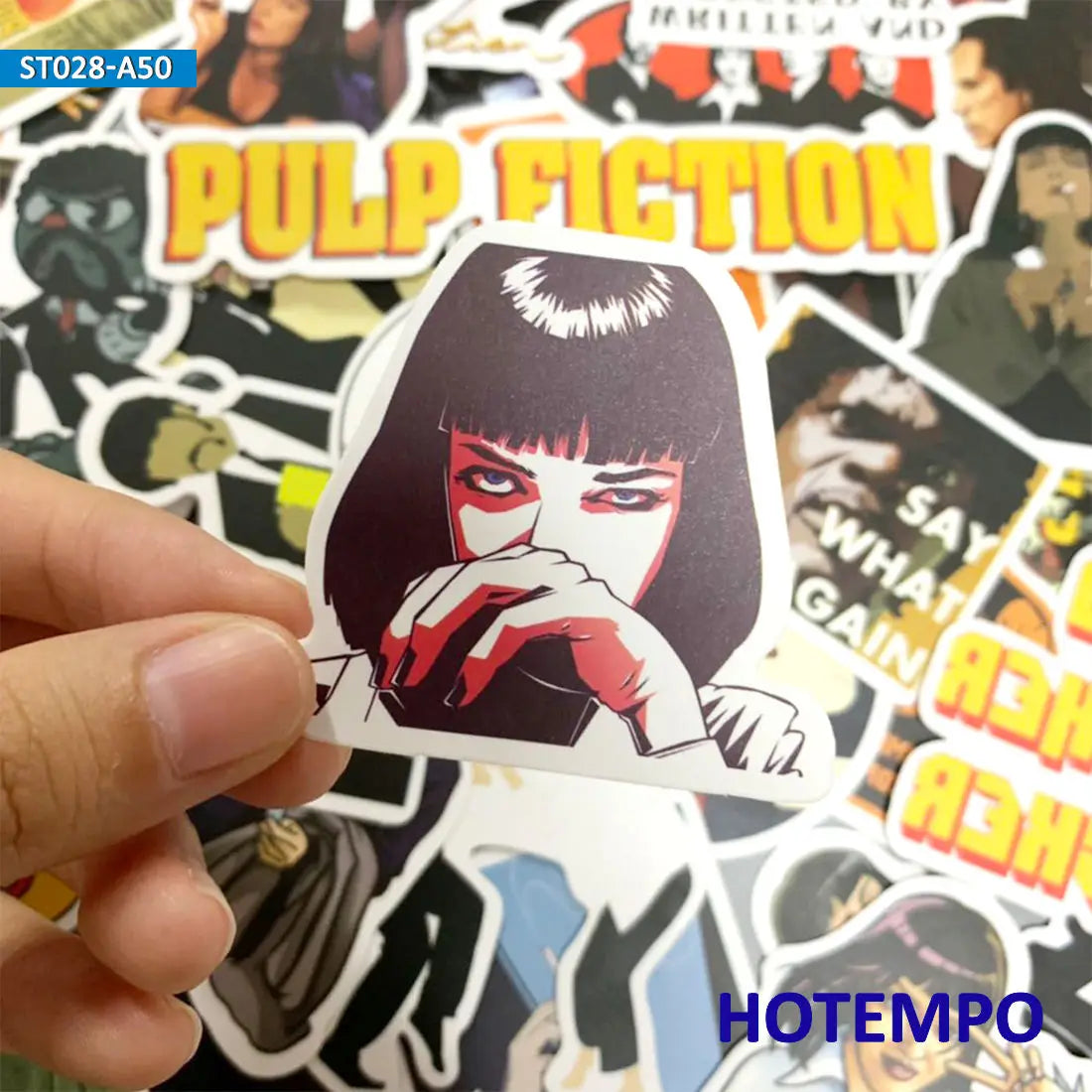 Sticker of a woman with a hand on her face held over a pile of 'Pulp Fiction' themed stickers.