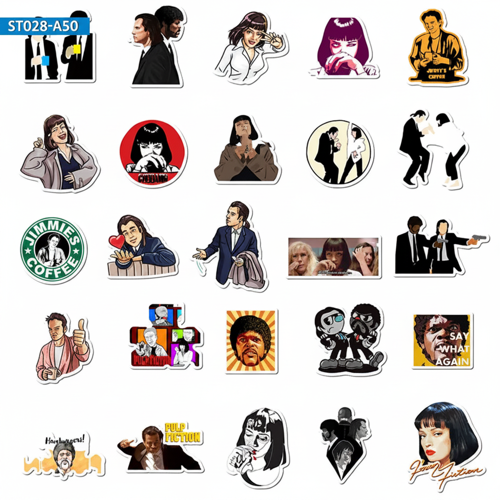 Collection of Pulp Fiction stickers featuring various characters and scenes from a movie or TV show on a white background.