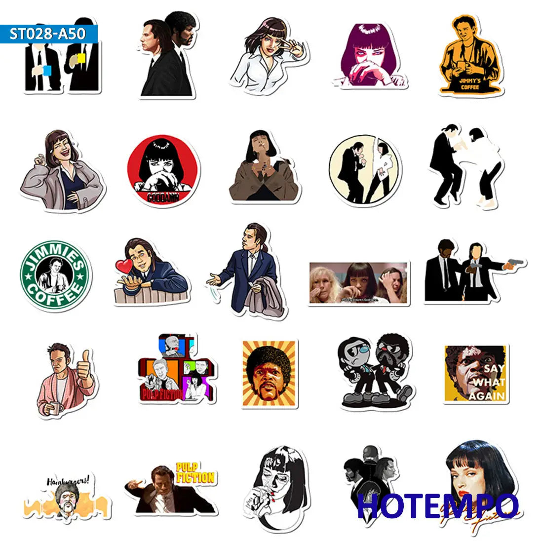 Collection of various Pulp Fiction stickers featuring different designs and characters on a white background.