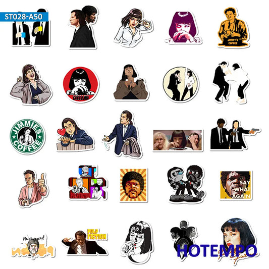 Collection of various Pulp Fiction stickers featuring different designs and characters on a white background.