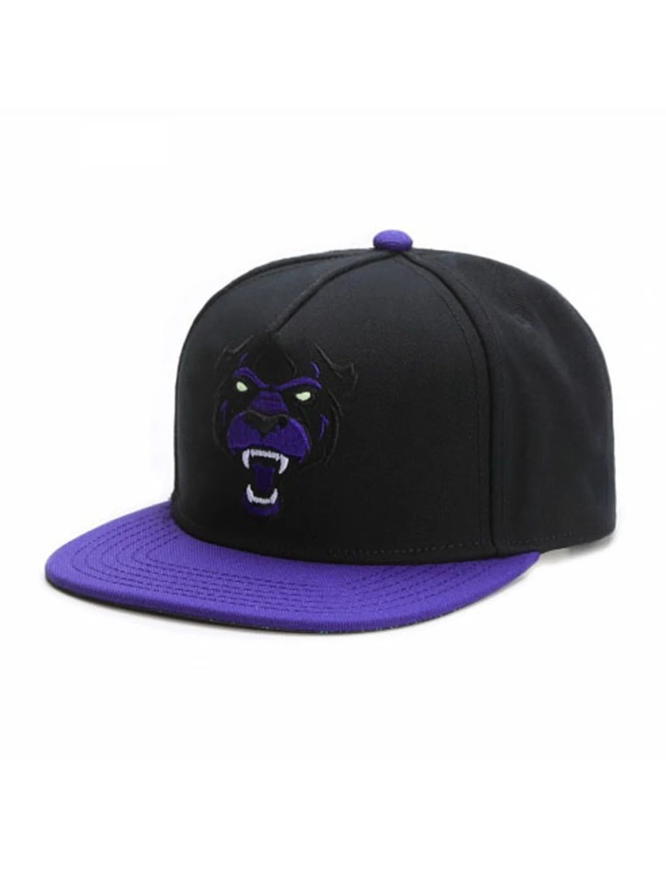 Black and purple panther snapback cap with panther logo on a white background
