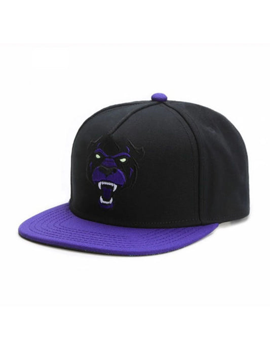 Black and purple panther snapback cap with panther logo on a white background