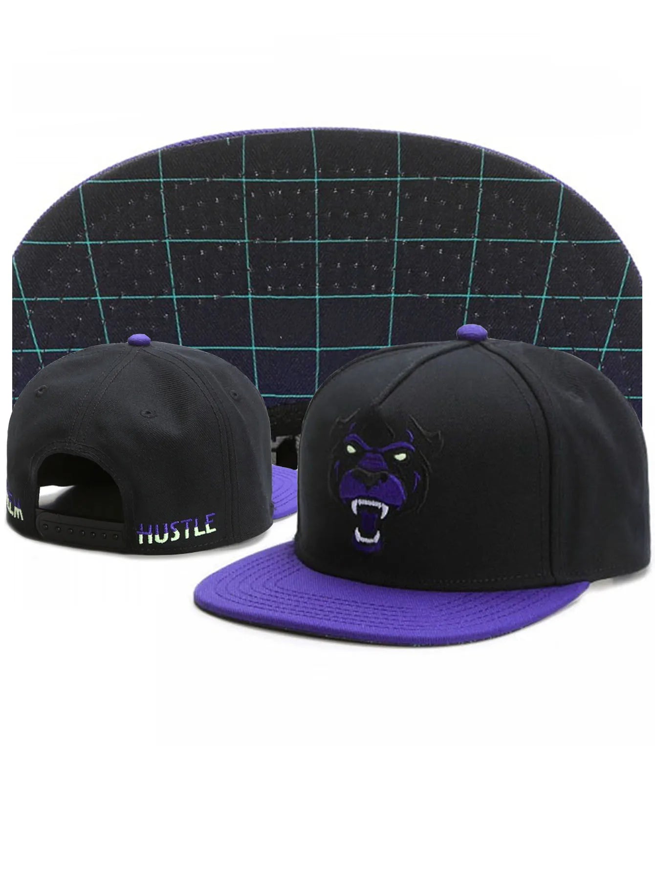 Black and purple panther cap and night rider futuristic grid under visor, with a purple panther logo on a white background