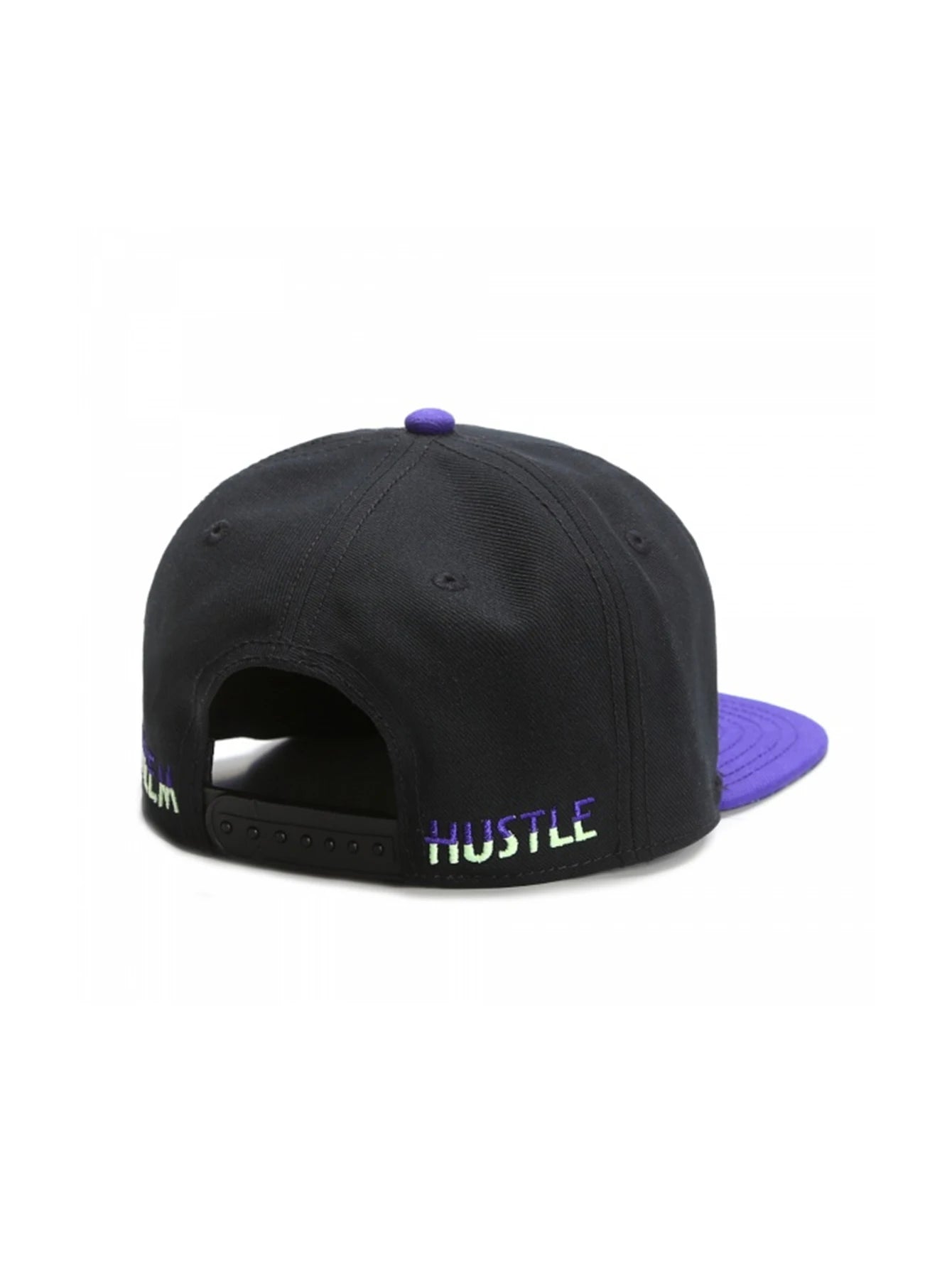 Black and purple cap with 'Hustle' text on a white background